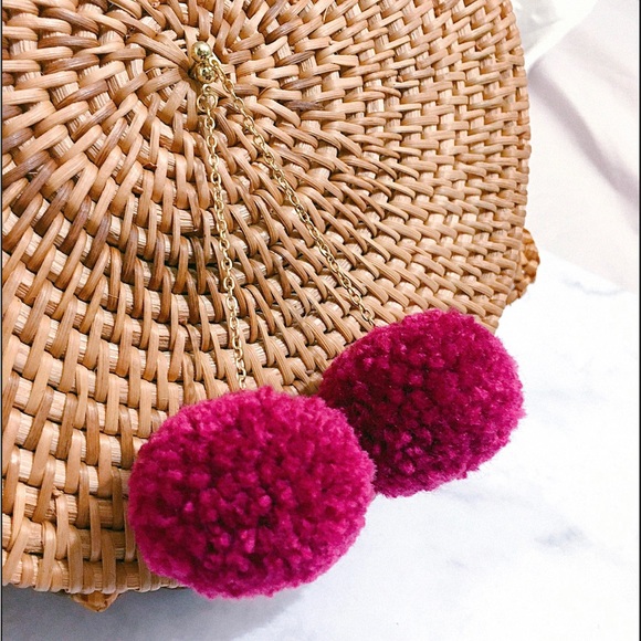 Deep Pink Pom Pom Long Chain Earrings - Picture 2 of 2